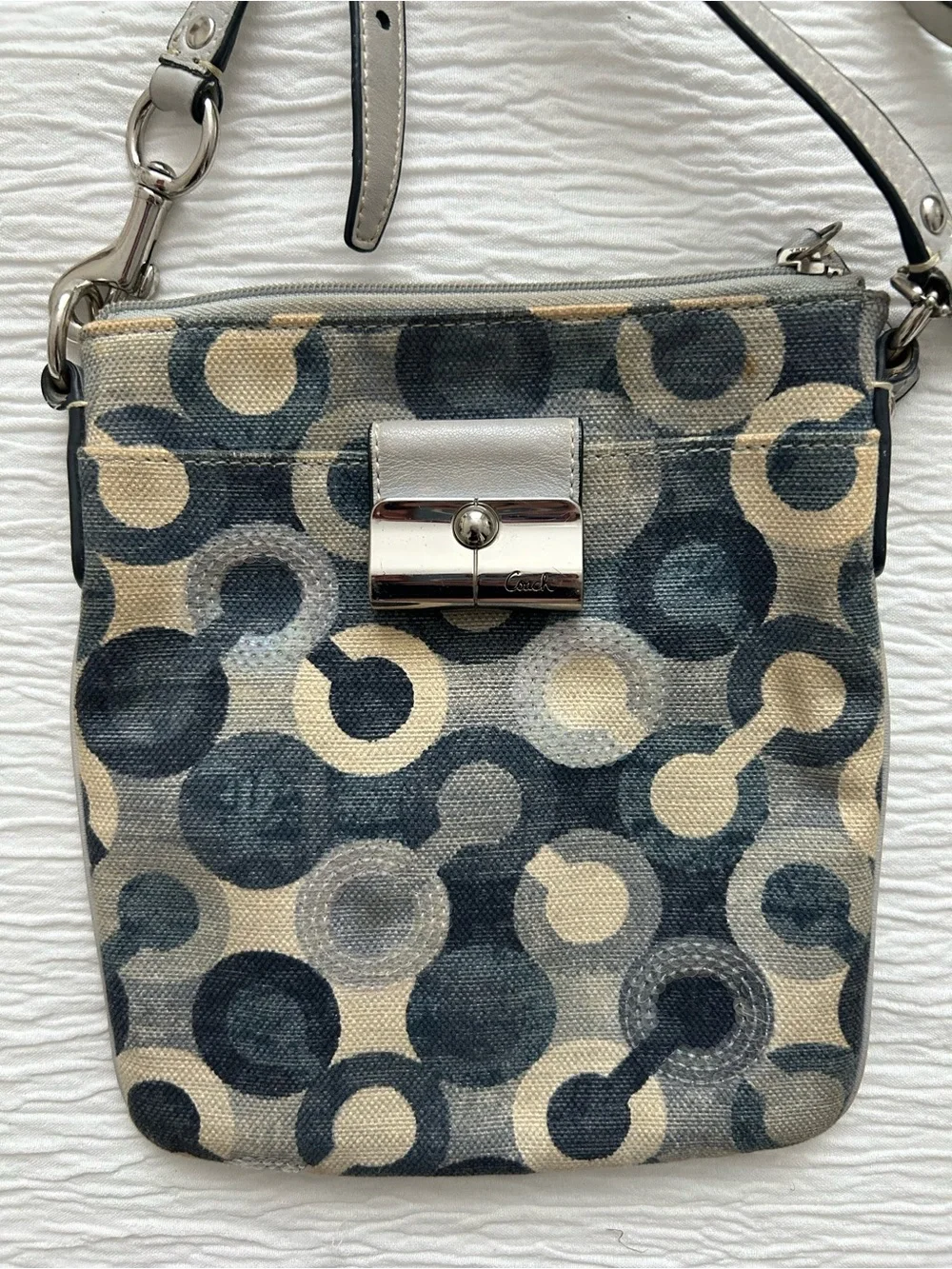 Vintage Coach Navy and Beige Signature Circle Print Crossbody Bag